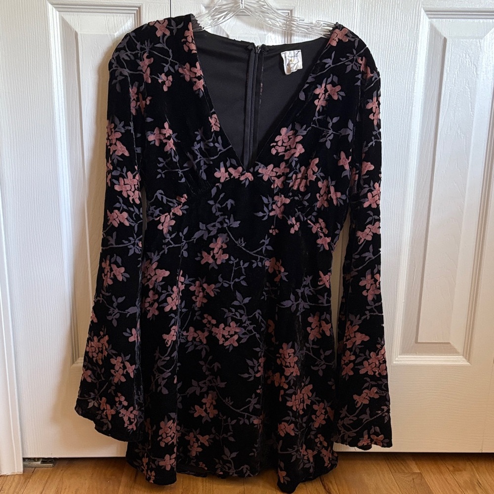 By Together Black Velvet Dress with Pink Floral Design